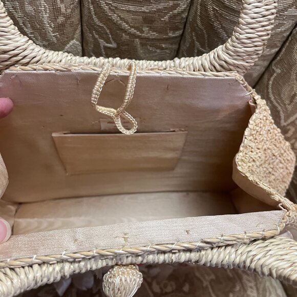 Vintage Flower Embellished Lined Straw Handbag Purse - Picture 7 of 8